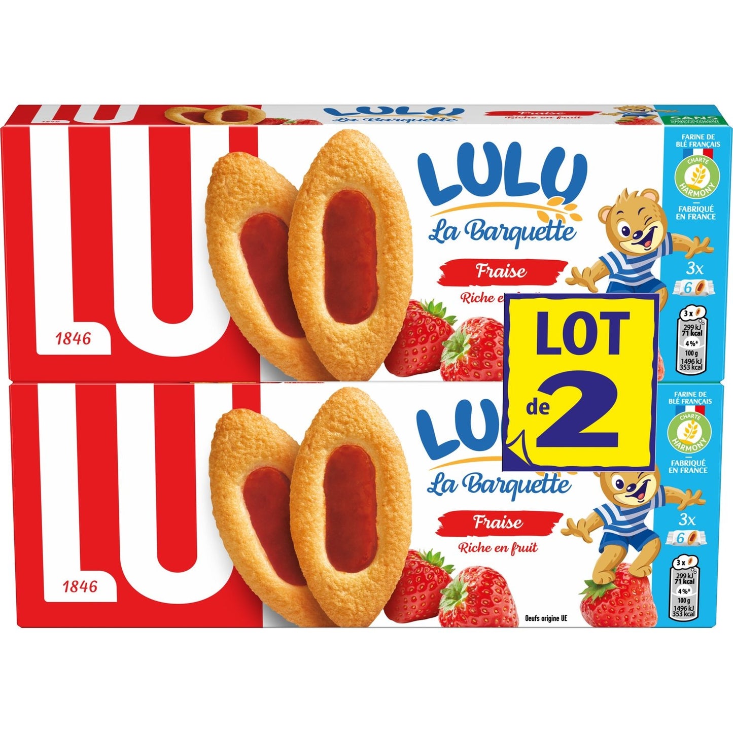 Biscuits à la Fraise la Barquette Lulu LU Les 2 boîtes de 3 sachets - 120 g