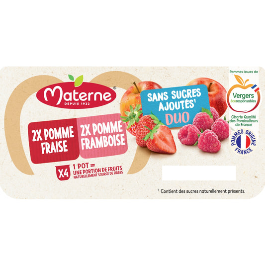 Compotes Duo Pomme Fraise, Pomme Framboise Sans Sucres Ajoutés MATERNE