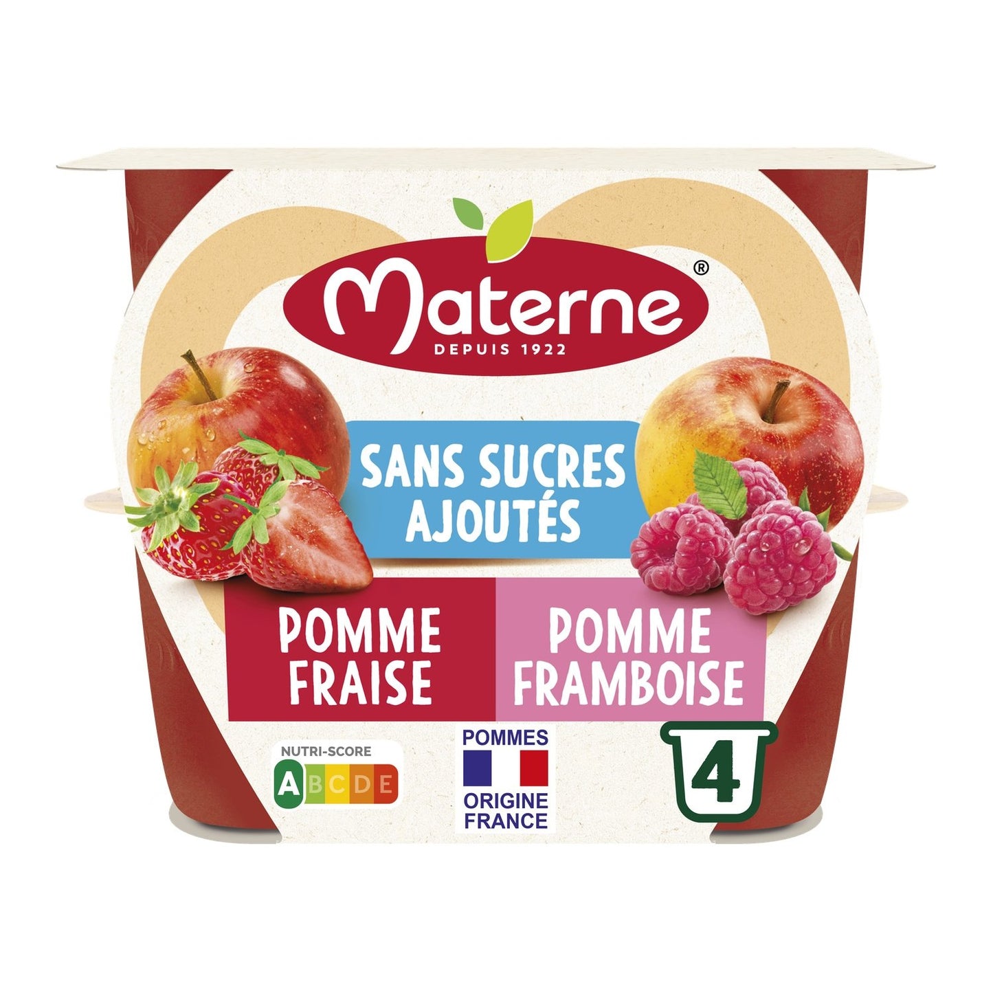 Compotes Duo Pomme Fraise, Pomme Framboise Sans Sucres Ajoutés MATERNE les 4 coupelles de 100g