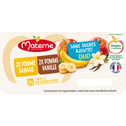 Compote Duo Pomme Banane, Pomme Vanille Sans Sucres Ajoutés MATERNE