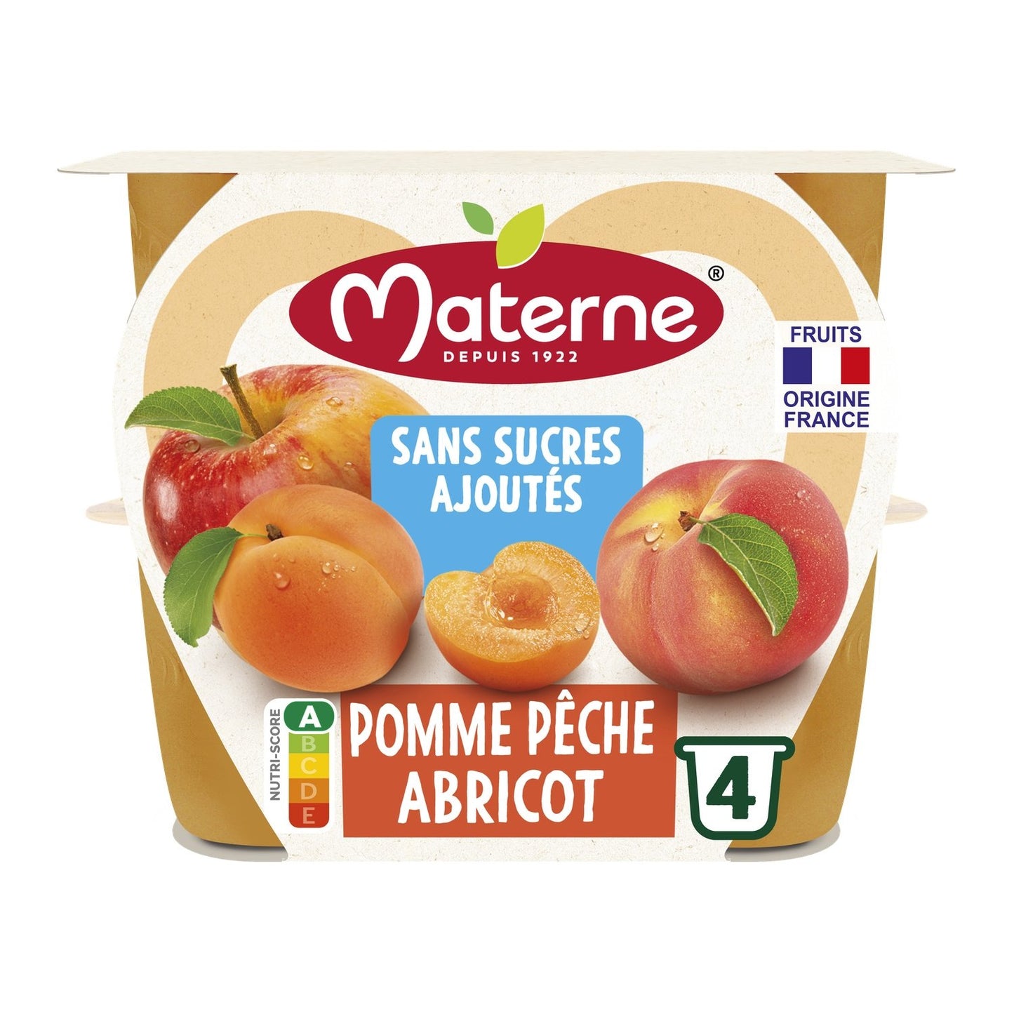 Compotes Pomme Pêche Abricot Sans Sucres Ajoutés MATERNE les 4 coupelles de 100g