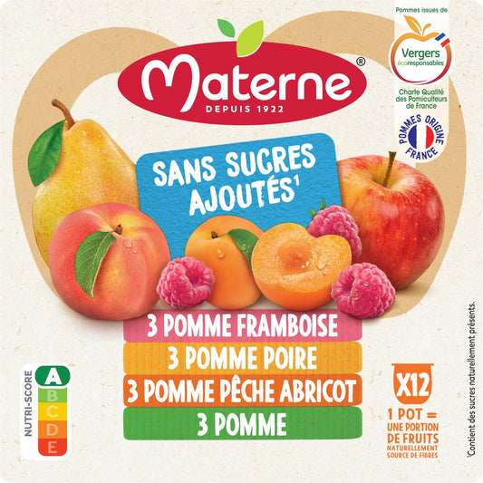 Compotes Pomme, Framboise, Pêche Abricot, Poire Sans Sucres Ajoutés MATERNE