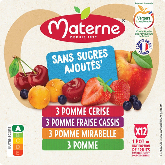 Compotes Pomme, Cerise, Fraise Cassis, Mirabelle Sans Sucres Ajoutés MATERNE
