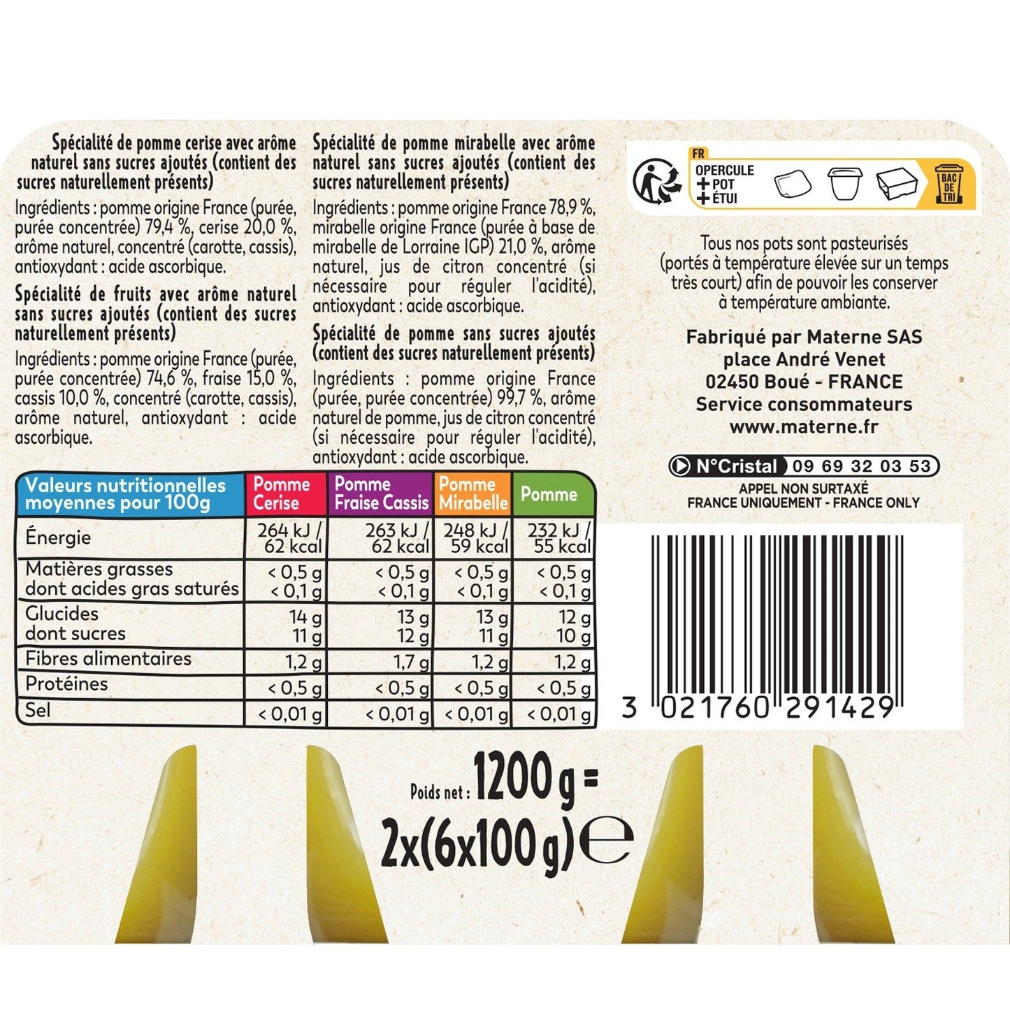 Apfel-, Kirsch-, Erdbeer-, Schwarze Johannisbeer-, Mirabellen-Pflaumenkompott ohne Zuckerzusatz MATERNE