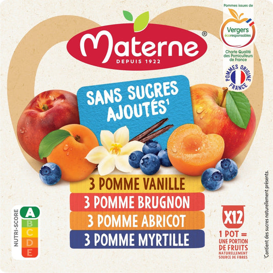 Compotes Pomme Vanille, Brugnon, Abricot, Myrtille Sans Sucres Ajoutés MATERNE