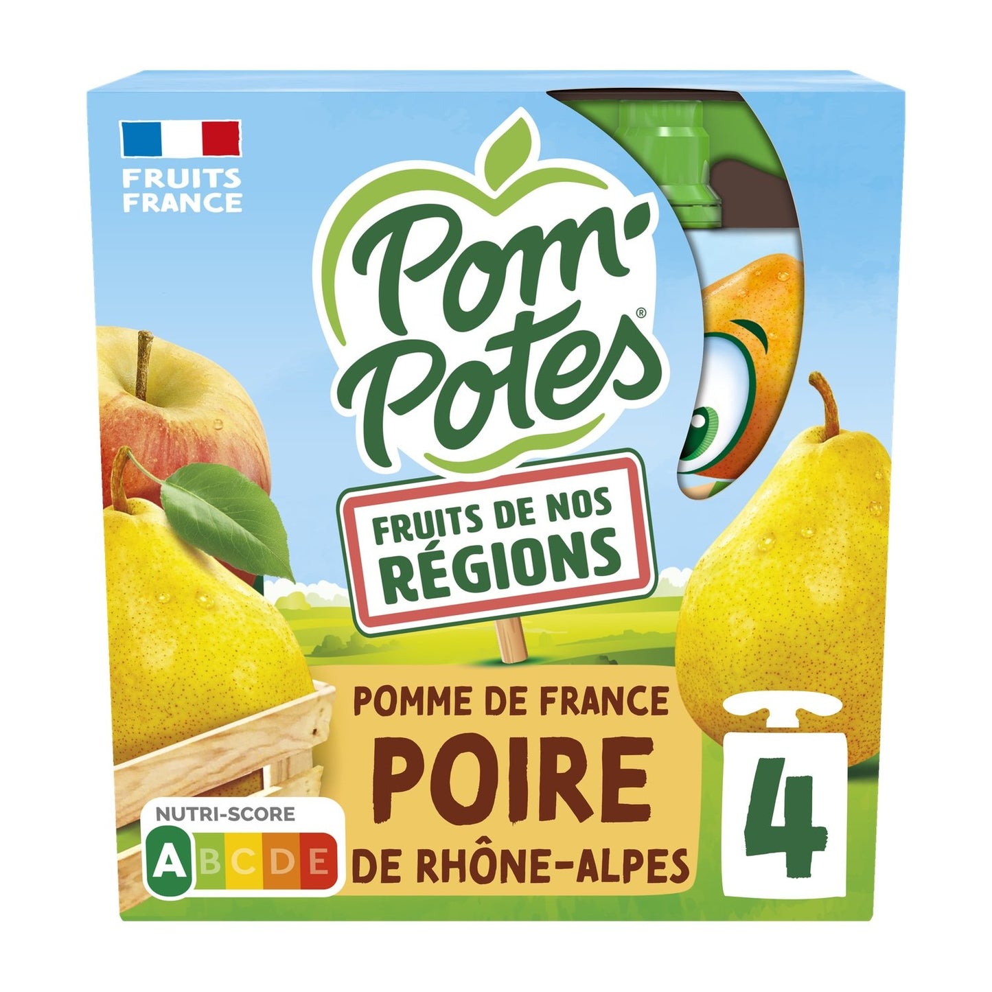 Compotes Fruits de Nos Régions Pomme Poire de Rhône-Alpes Sans Sucres Ajoutés POM'POTES les 4 gourdes de 90g