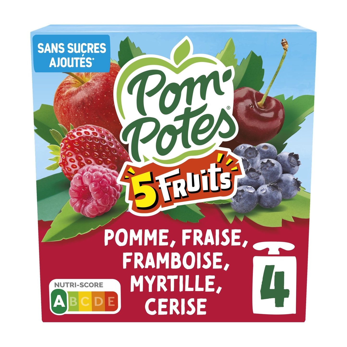 Compotes 5 Fruits Pomme Fraise Framboise Myrtille Cerise Sans Sucres Ajoutés POM'POTES les 4 gourdes de 90g