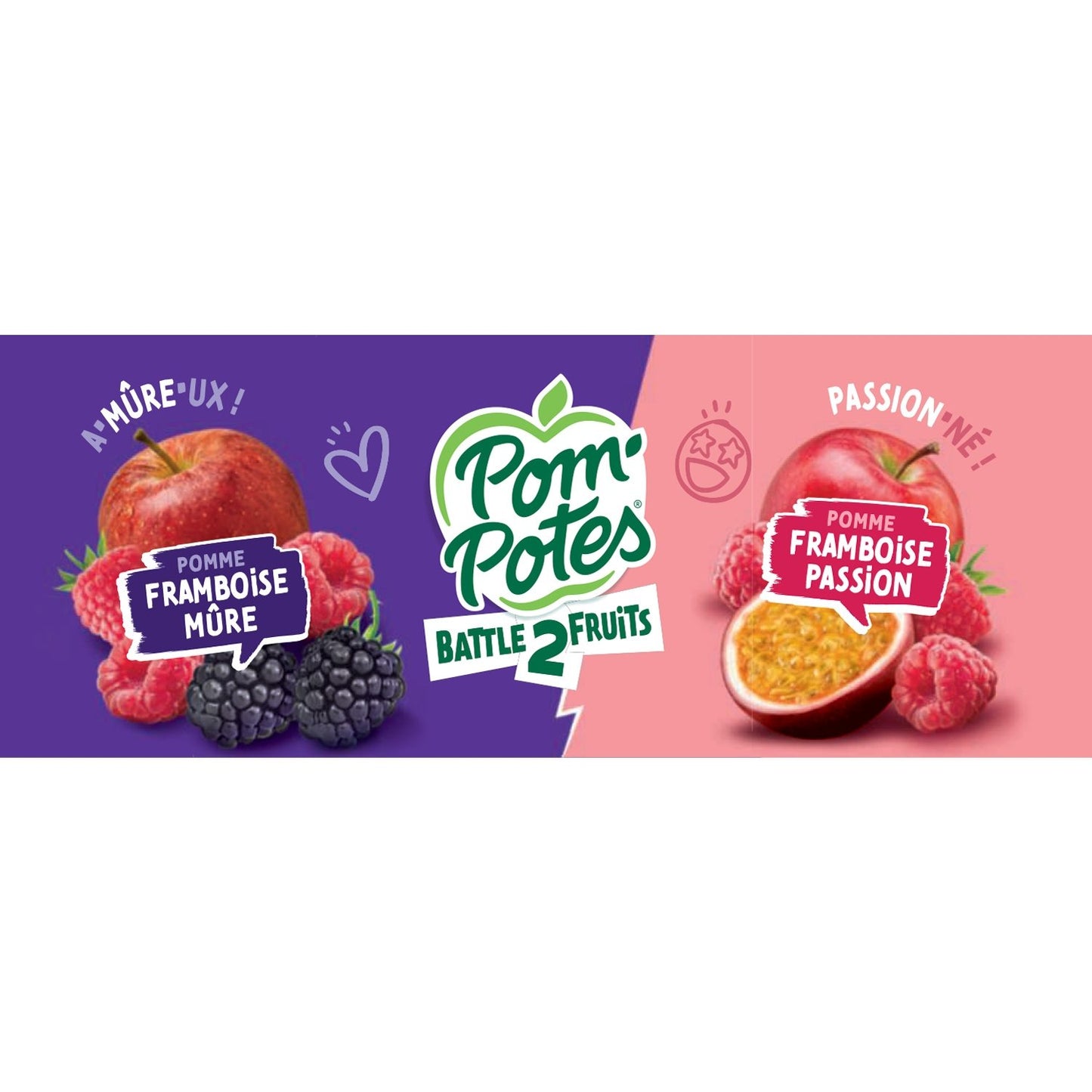 Compotes Battle2fruits Pomme Framboise Mûre, Passion Sans Sucres Ajoutés POM'POTES