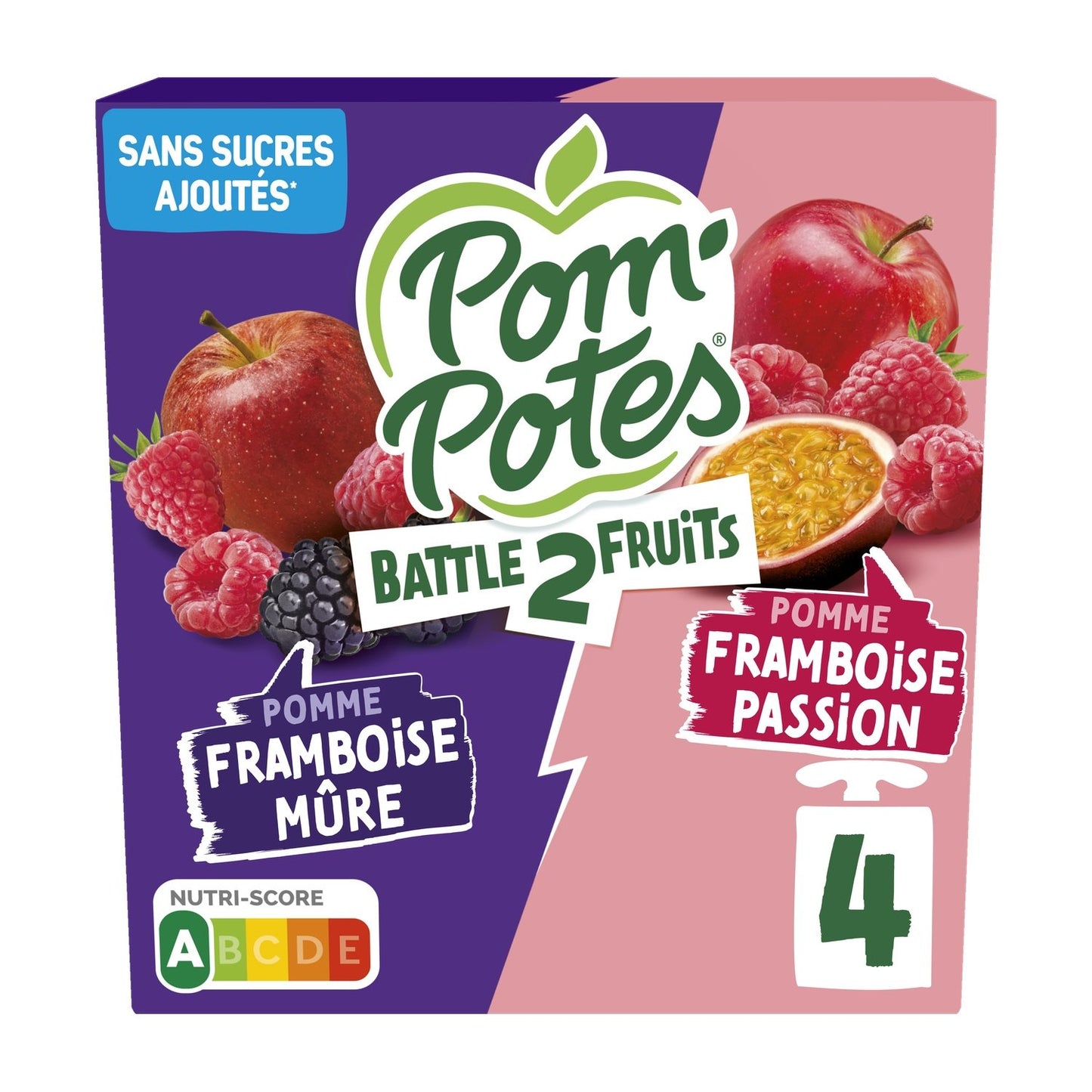 Compotes Battle2fruits Pomme Framboise Mûre, Passion Sans Sucres Ajoutés POM'POTES