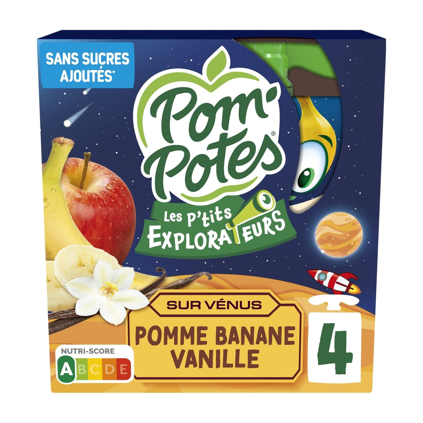 Compotes les P'tits Explorateurs sur Vénus Pomme Banane Vanille Sans Sucres Ajoutés POM'POTES les 4 gourdes de 90g