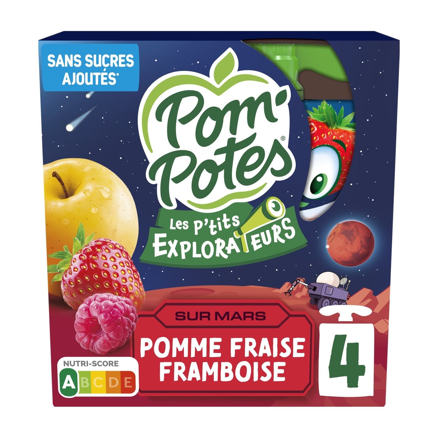 Compotes les P'tits Explorateurs sur Mars Pomme Fraise Framboise Sans Sucres Ajoutés POM'POTES