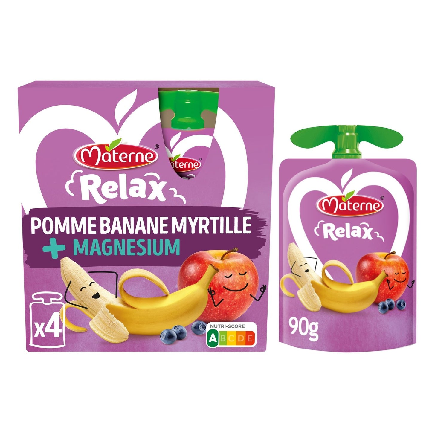 Compotes Relax Pomme Banane Myrtille + Magnésium Sans Sucres Ajoutés MATERNE les 4 gourdes de 90g