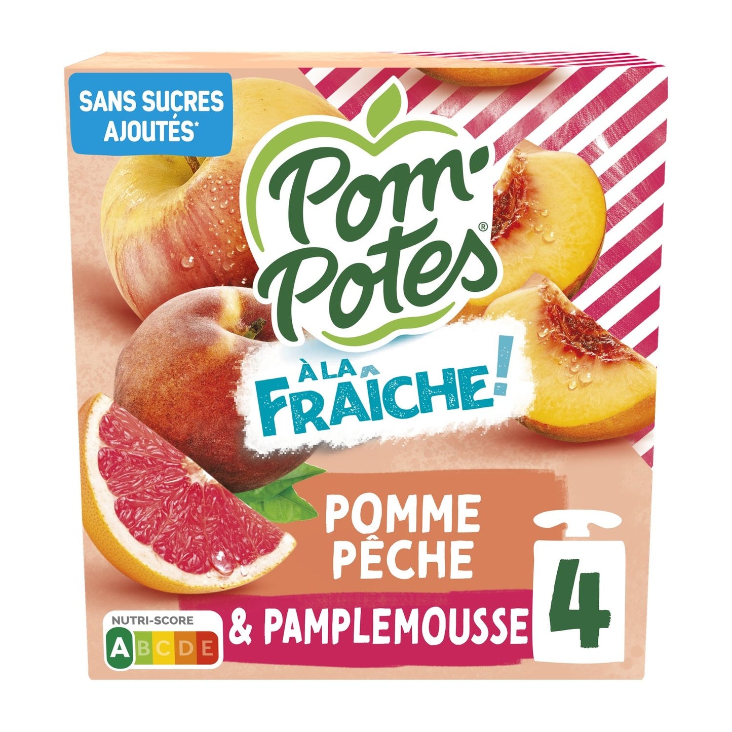 Compotes Pomme Pêche Pamplemousse POM'POTES la boite de 4 gourdes de 90g