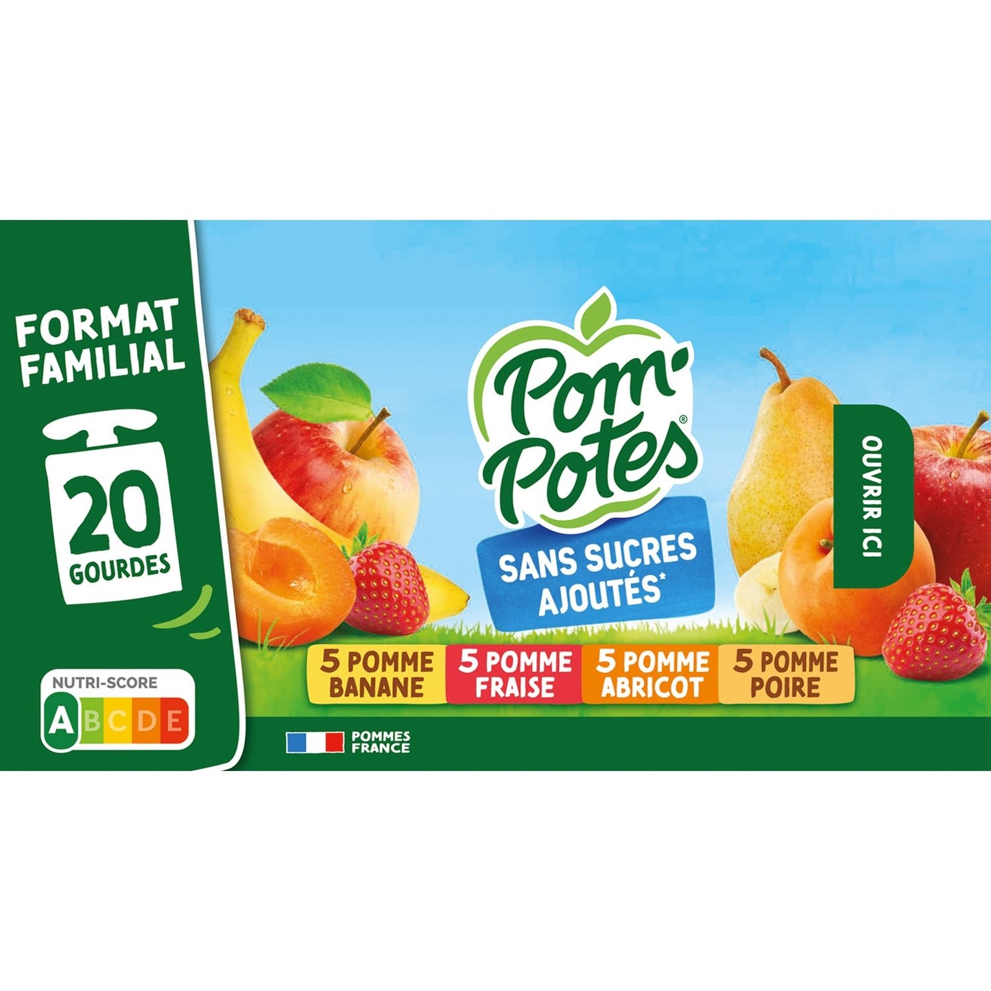 Apfel-, Bananen-, Erdbeer-, Aprikosen- und Birnenkompott POM'POTES