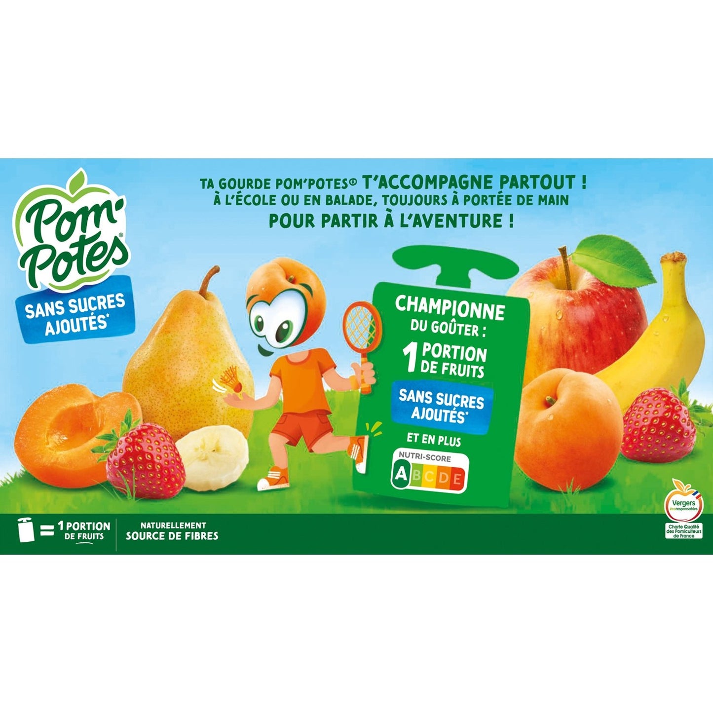 Apfel-, Bananen-, Erdbeer-, Aprikosen- und Birnenkompott POM'POTES