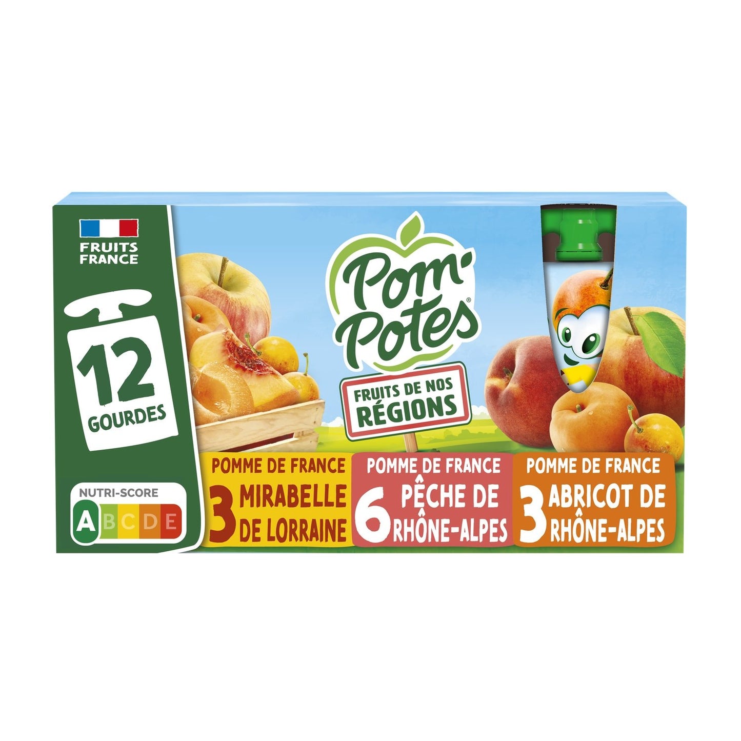 Compotes Fruits de Nos Régions Pomme Pêche, Mirabelle, Abricot Sans Sucres Ajoutés POM'POTES les 12 gourdes de 90g