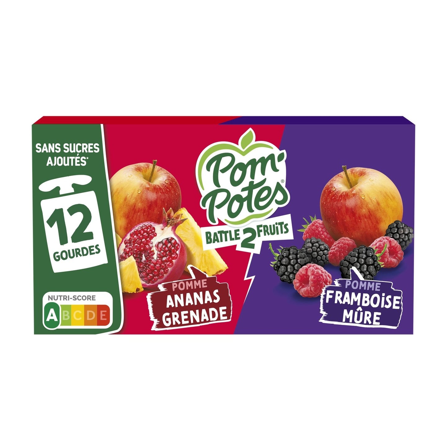 Compotes Battle2fruits Pomme Ananas Grenade, Framboise Mûre Sans Sucres Ajoutés POM'POTES les 12 gourdes de 90g