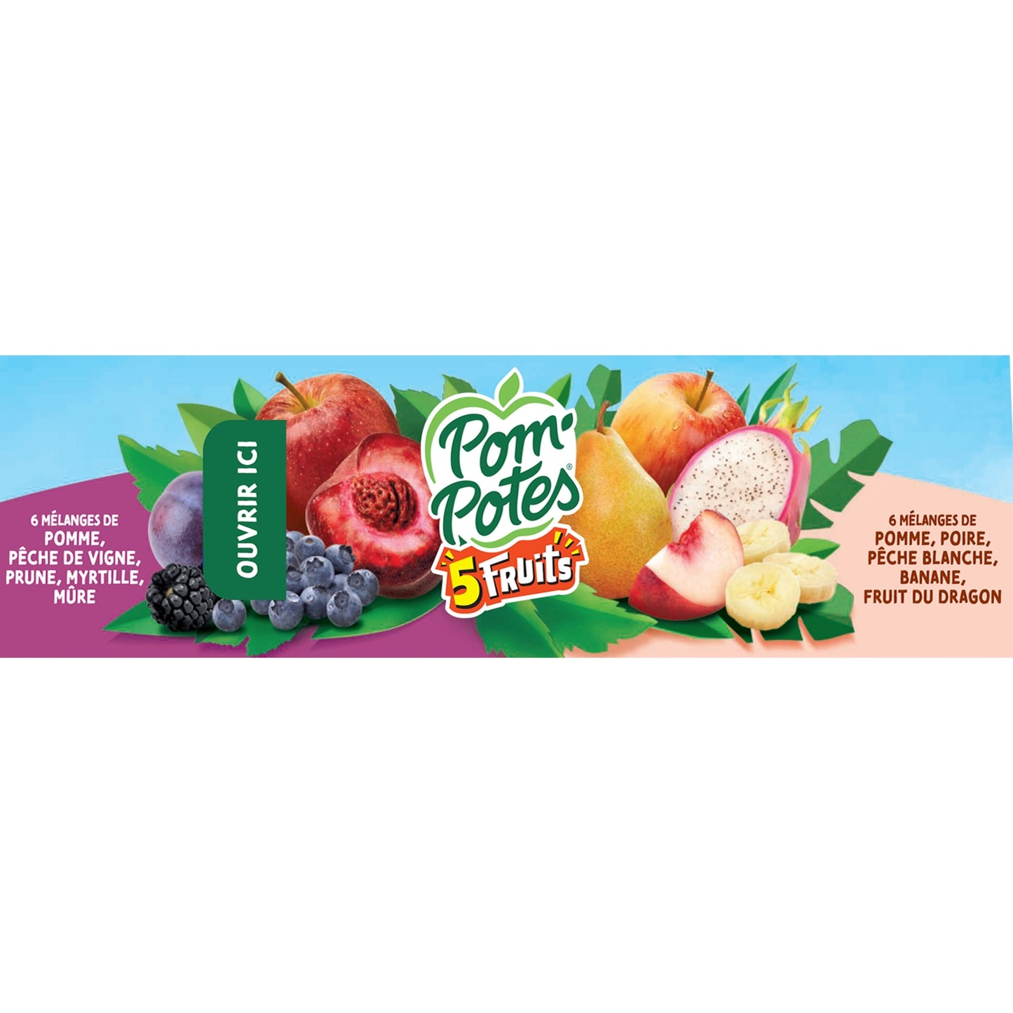 5 Fruchtkompotte Apfel-Rebe-Pfirsich-Pflaume Blaubeere Brombeere und Birne Weißer Pfirsich Banane Drachenfrucht Ohne Zuckerzusatz POM'POTES