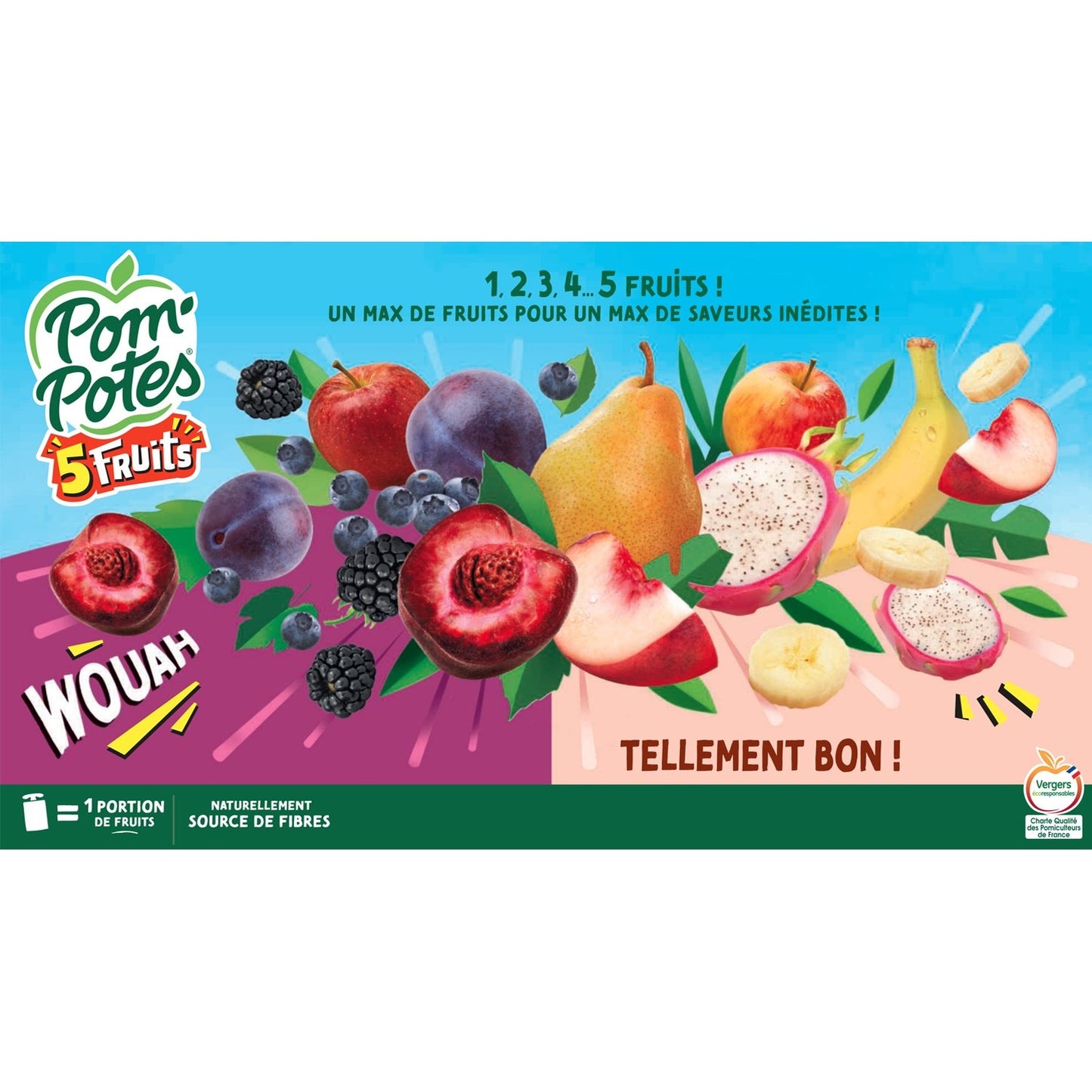5 Fruchtkompotte Apfel-Rebe-Pfirsich-Pflaume Blaubeere Brombeere und Birne Weißer Pfirsich Banane Drachenfrucht Ohne Zuckerzusatz POM'POTES