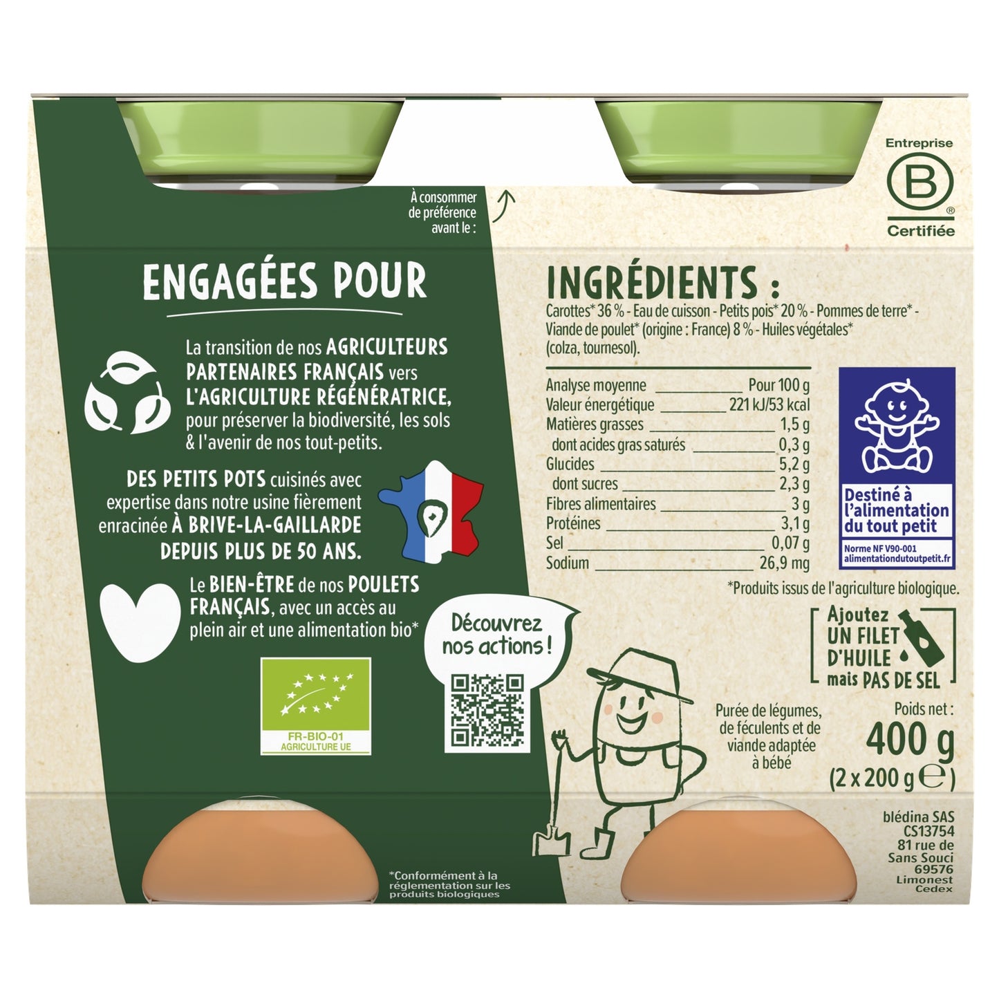 Baby Meal From 6 Months Carrots Peas Farm Chicken Les Récoltes Bio BLEDINA