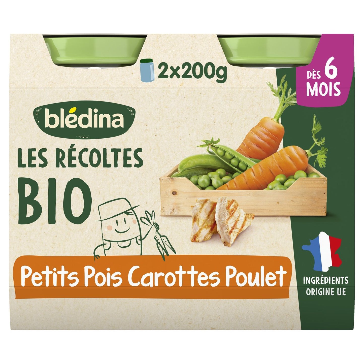 Plat Bébé Dès 6 Mois Carottes Petits Pois Poulet Fermier les Récoltes Bio BLEDINA les 2 pots de 200g