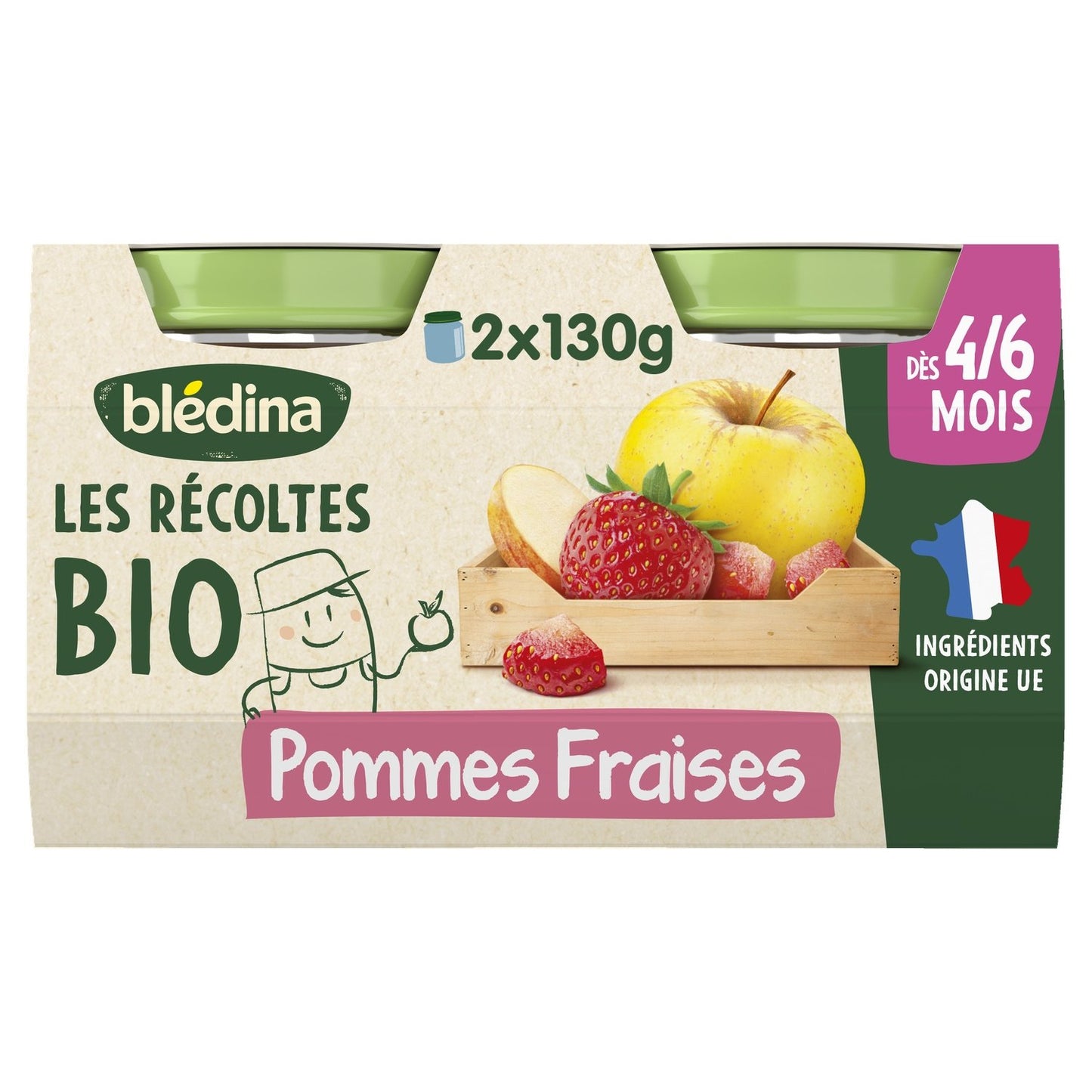 Compote Bébé Dès 6 Mois Pommes Fraises les Récoltes Bio BLEDINA les 2 pots de 130g