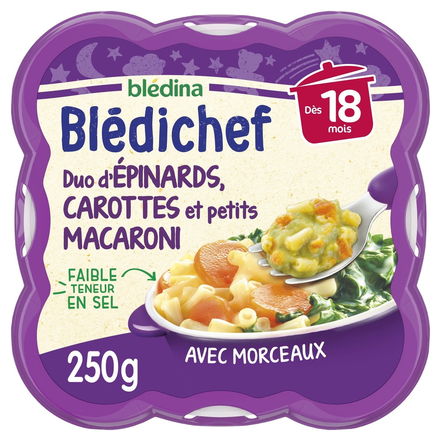 Plat Bébé du Soir Dès 18 Mois Duo d'Épinards Carottes et Petits Macaroni Blédichef BLEDINA l'assiette de 250g