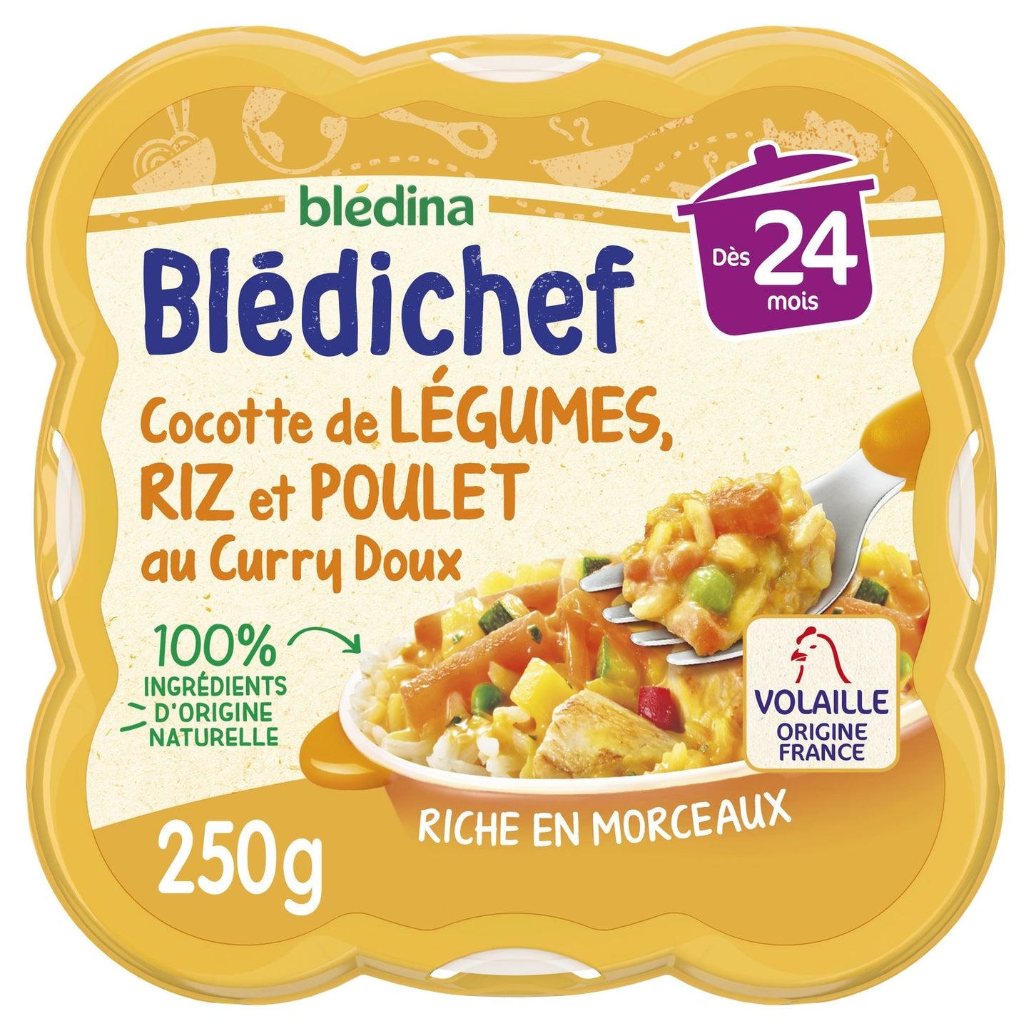 Plat Bébé Dès 24 Mois Cocotte de Légumes Riz et Poulet au Curry Doux Blédichef BLEDINA l'assiette de 250g