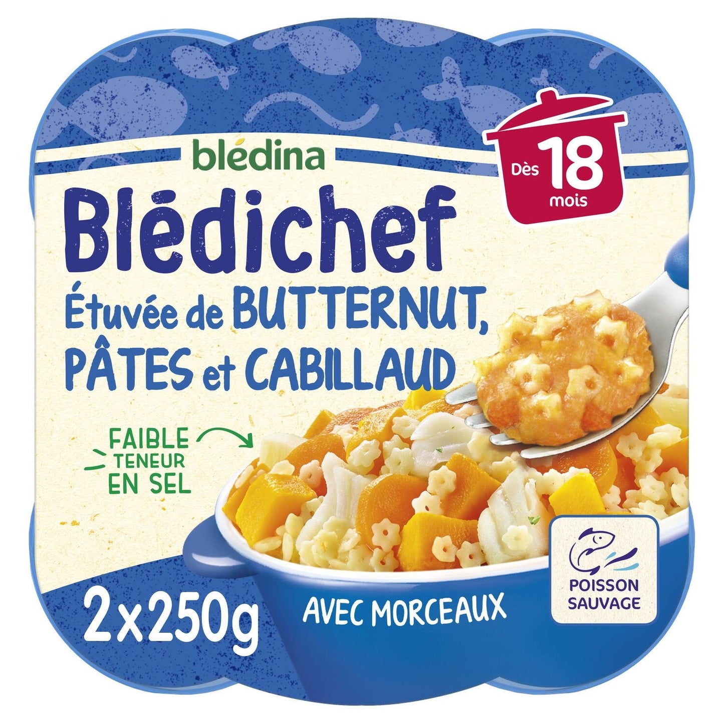 Plat Bébé Dès 18 Mois Etuvée de Butternut Pâtes et Cabillaud Blédichef BLEDINA les 2 assiettes de 250g
