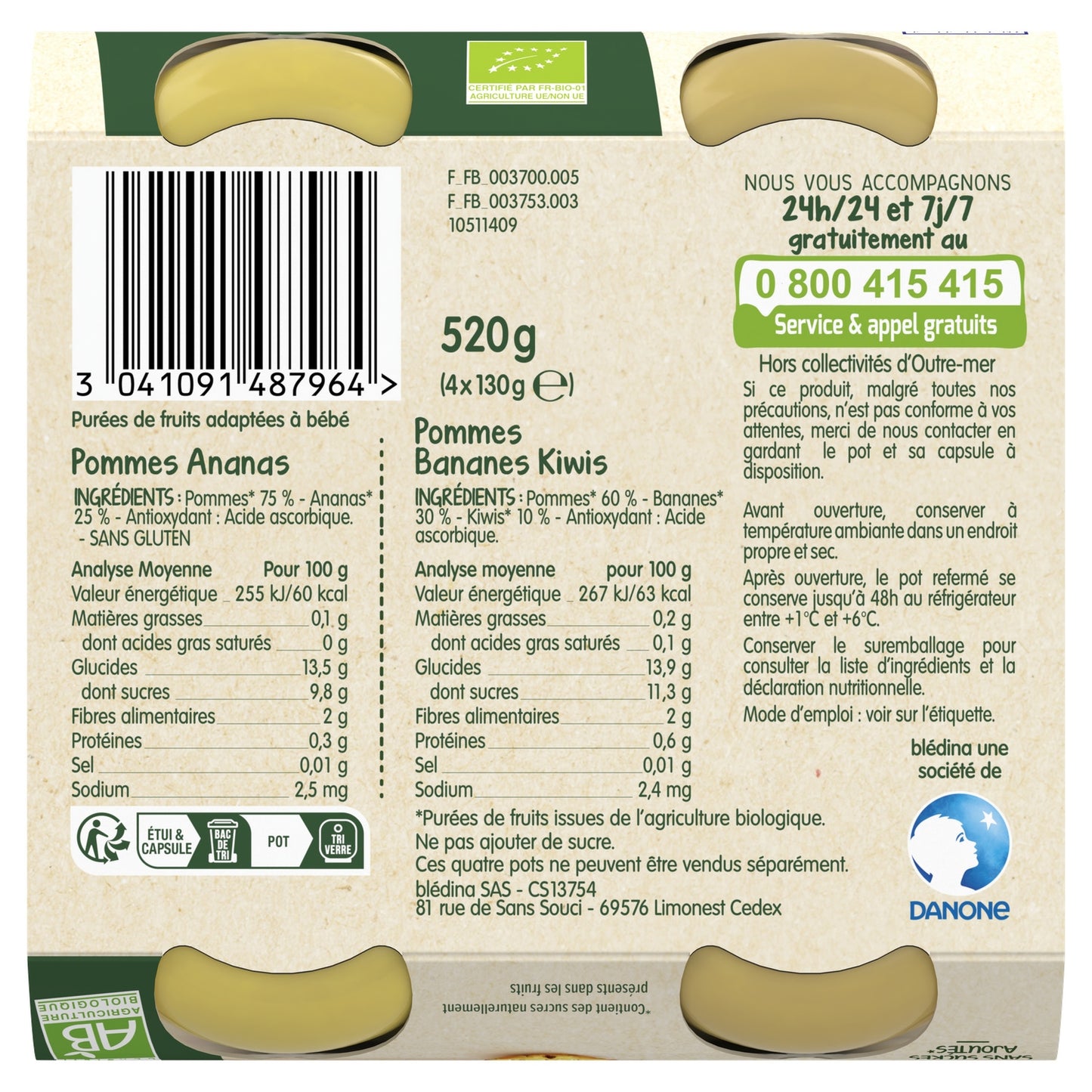Baby Compote From 6 Months Apples Pineapple and Apples Bananas Kiwis Les Récoltes Bio BLEDINA