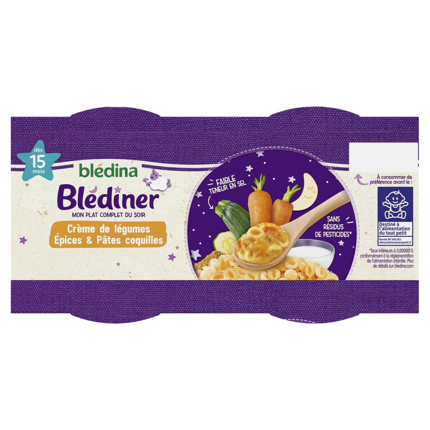 Plat Bébé du Soir Dès 15 Mois Crème de Légumes Epices et Pâtes Coquille Blédiner BLEDINA