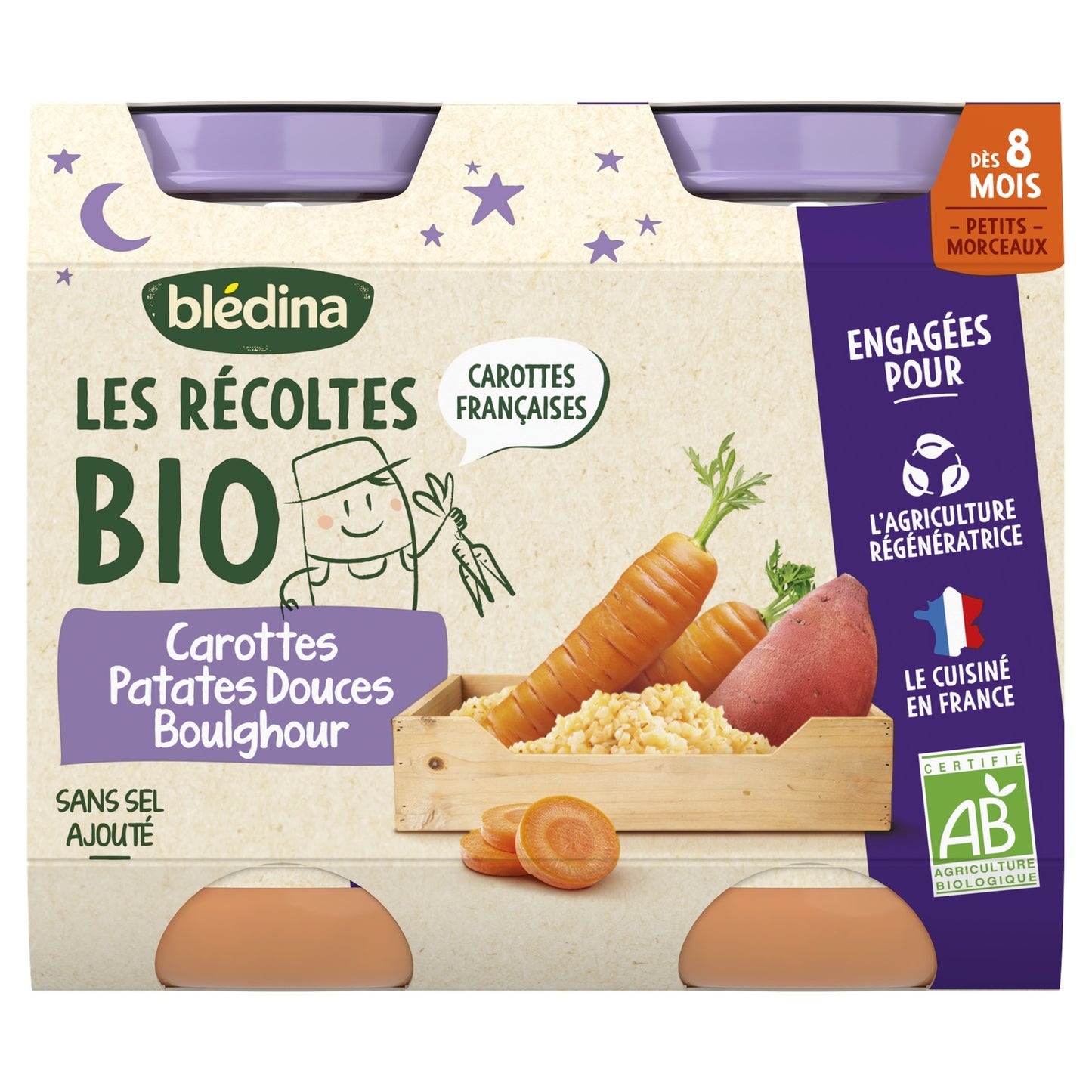 Plat Bébé du Soir Dès 8 Mois Carottes Patates Douces Boulghour les Récoltes Bio BLEDINA