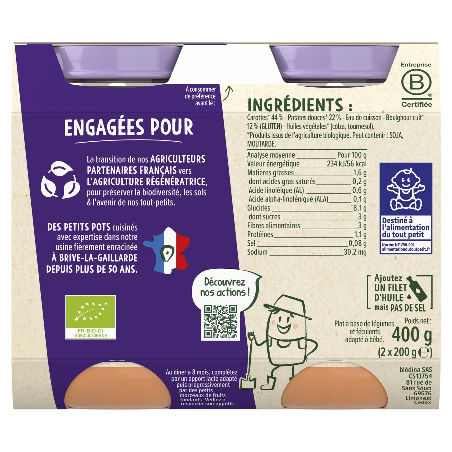 Plat Bébé du Soir Dès 8 Mois Carottes Patates Douces Boulghour les Récoltes Bio BLEDINA