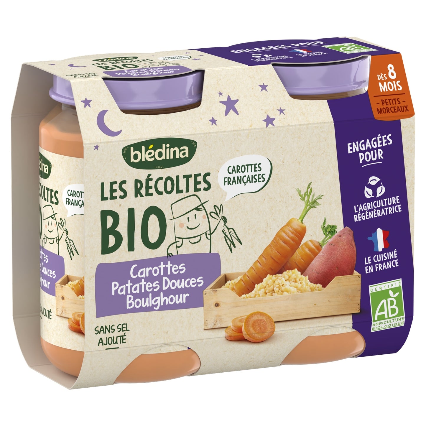 Plat Bébé du Soir Dès 8 Mois Carottes Patates Douces Boulghour les Récoltes Bio BLEDINA