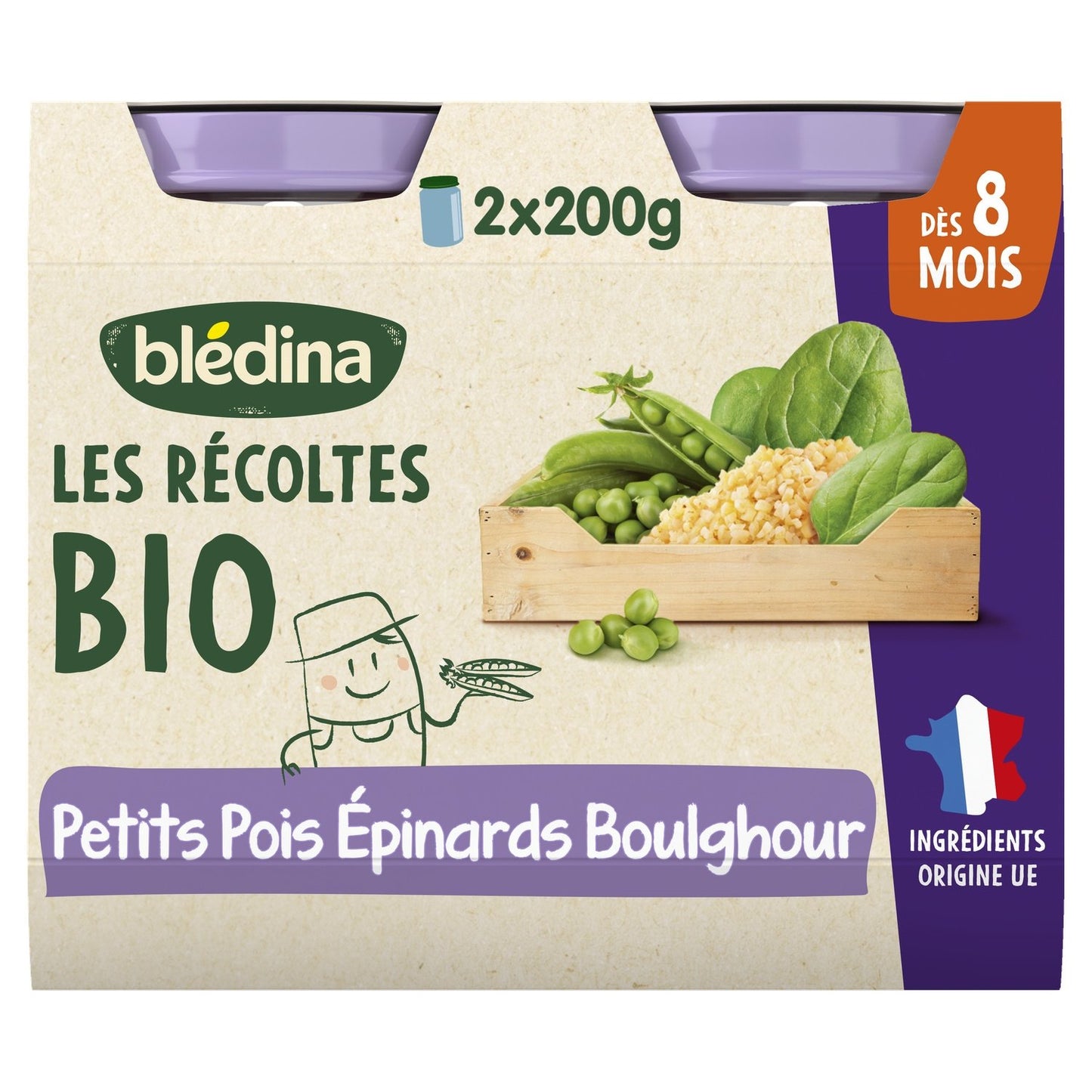 Plat Bébé du Soir Dès 8 Mois Petits Pois Épinards Boulghour les Récoltes Bio BLEDINA les 2 pots de 200g