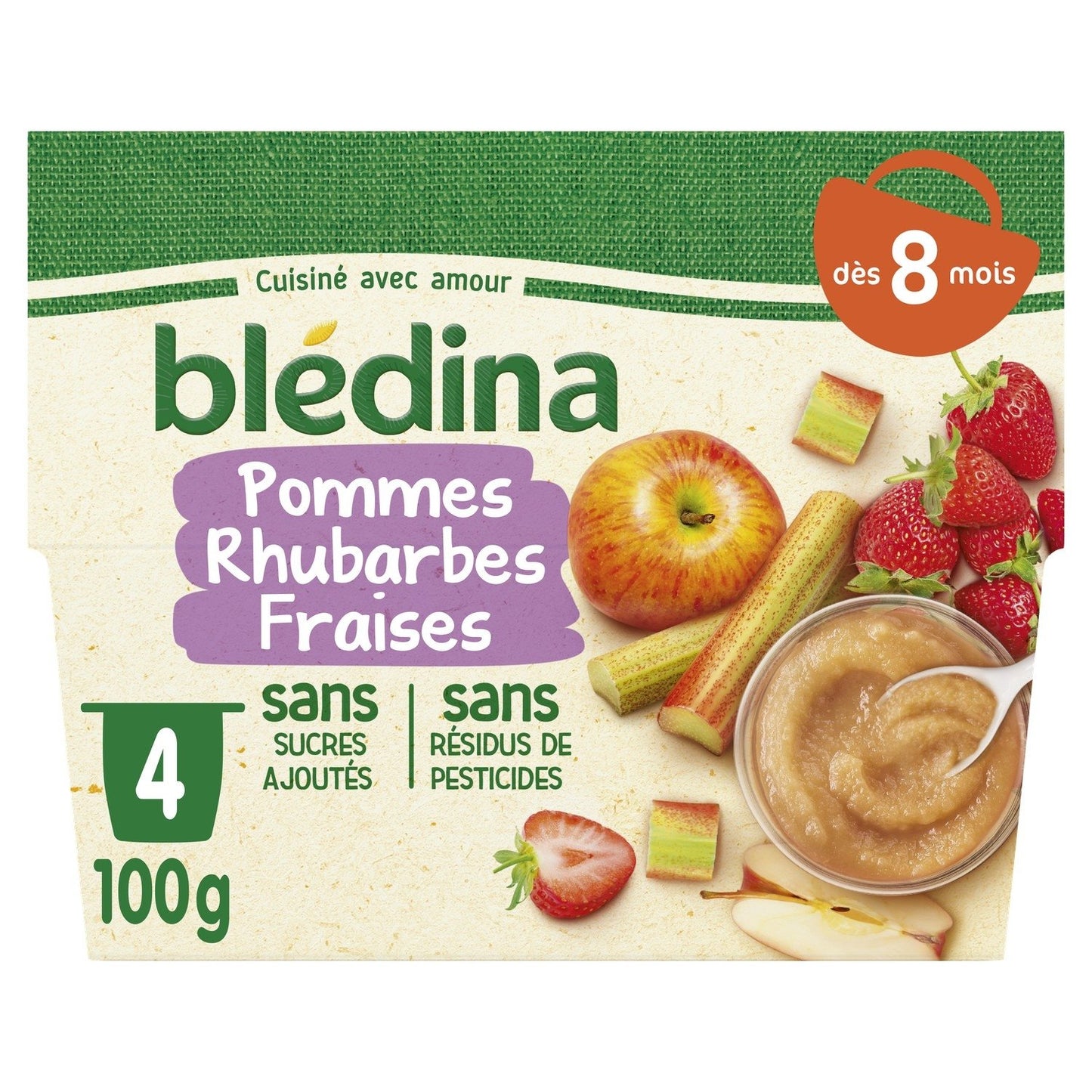 Compotes Bébé Dès 8 Mois Pommes Rhubarbes Fraises BLEDINA les 4 pots de 100g