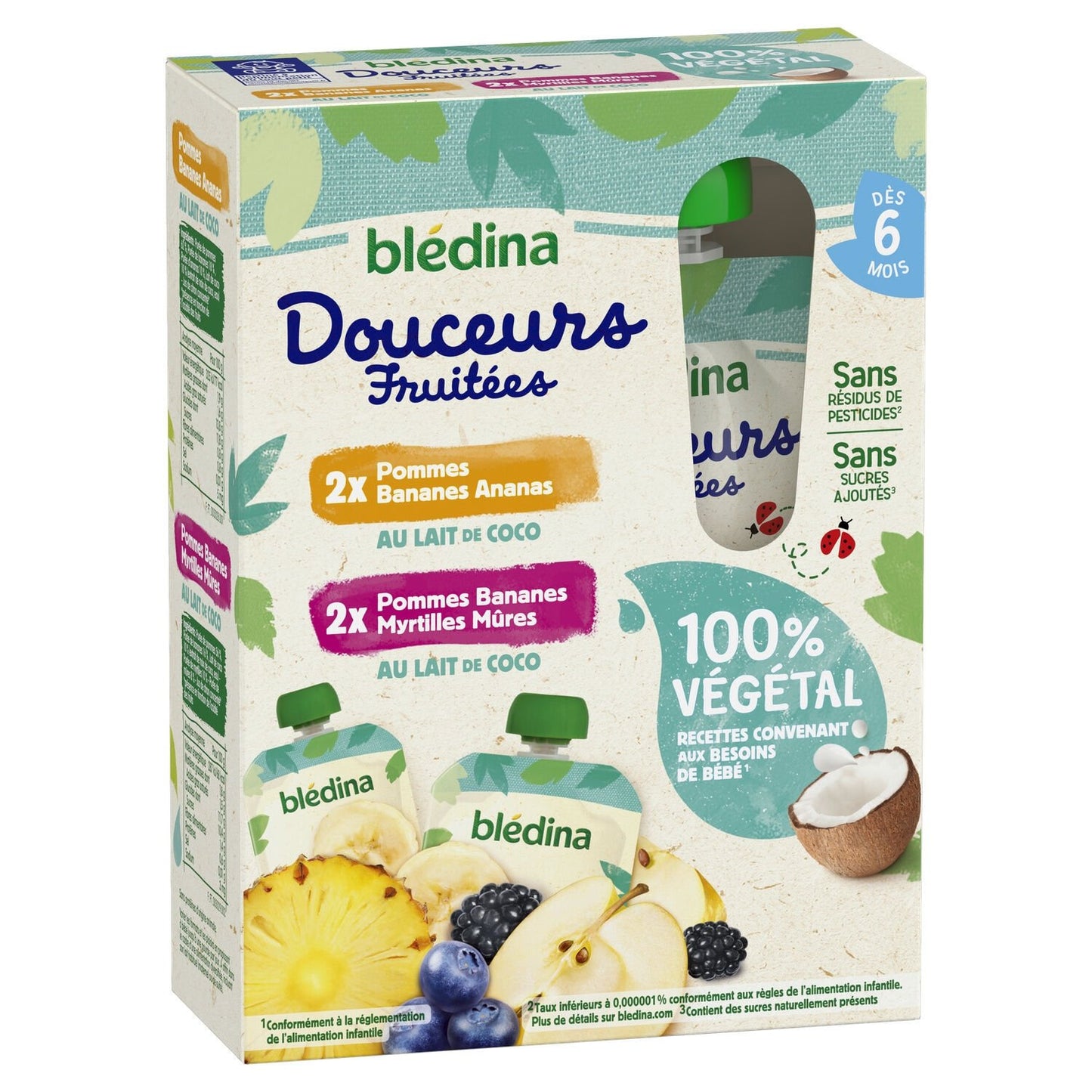 Compote Bébé Végétale Dès 6 Mois Pommes Bananes Ananas Lait de Coco et Pommes Bananes Myrtilles Mûres Lait de Coco BLEDINA