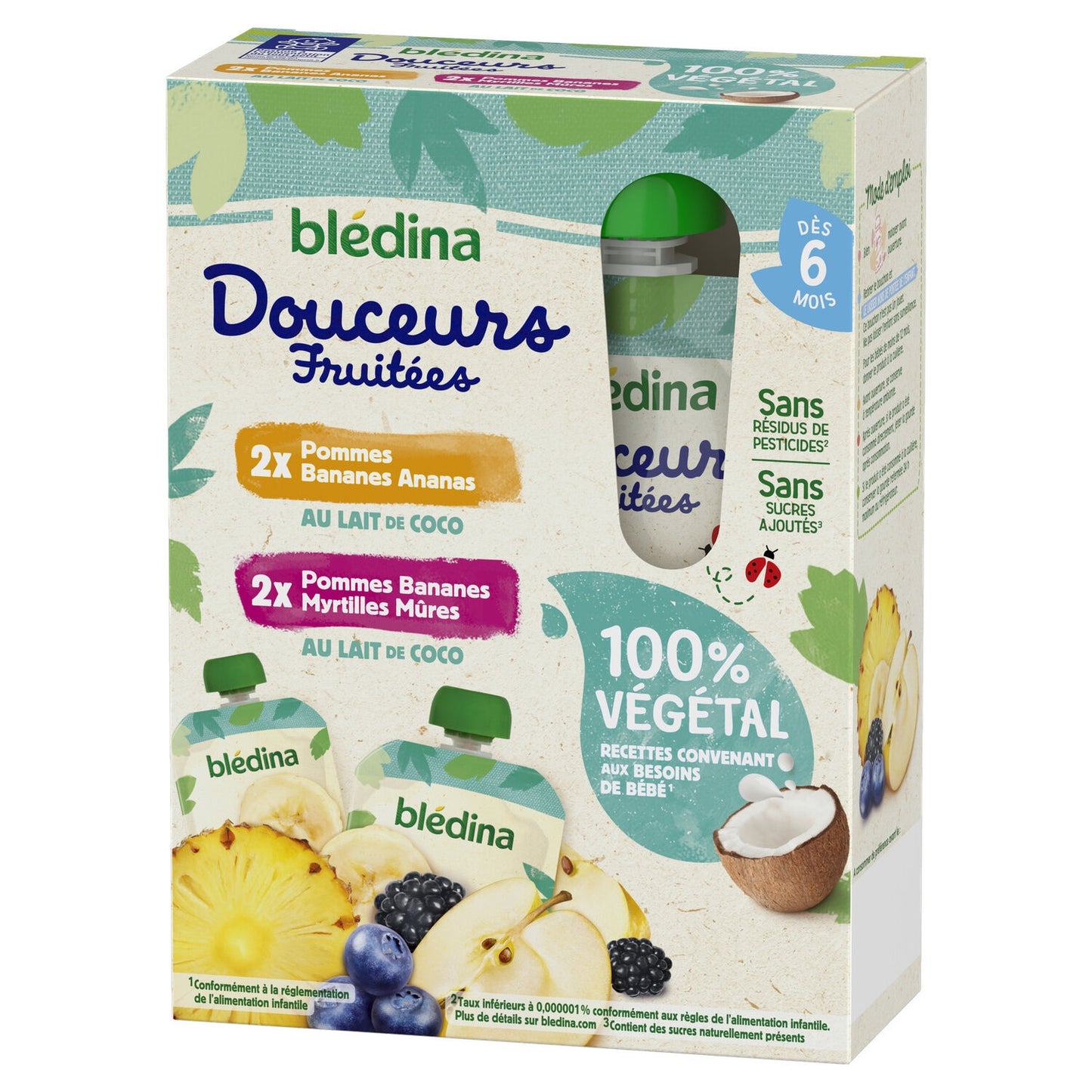 Compote Bébé Végétale Dès 6 Mois Pommes Bananes Ananas Lait de Coco et Pommes Bananes Myrtilles Mûres Lait de Coco BLEDINA
