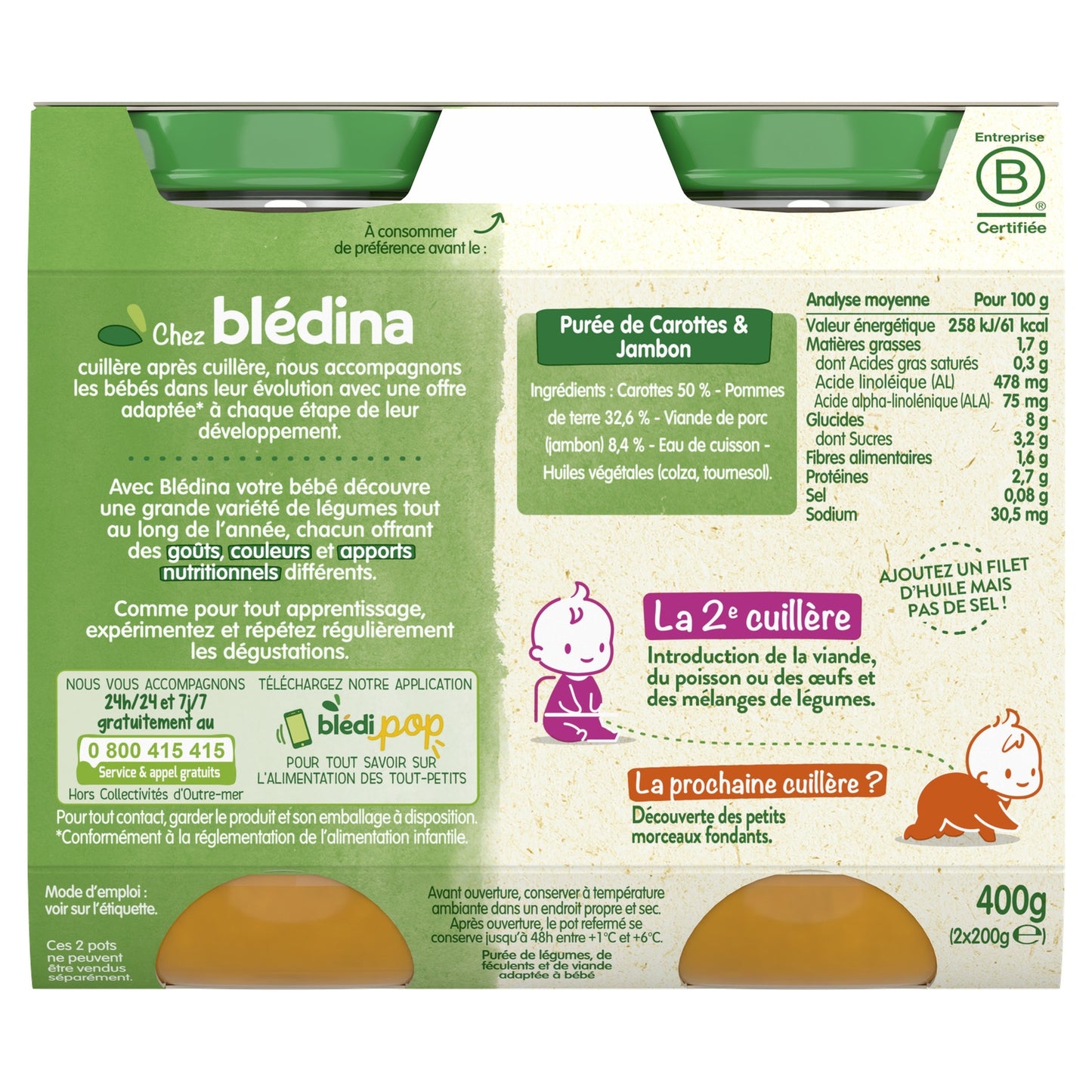 Plat Bébé Dès 6 Mois Purée de Carottes Jambon BLEDINA