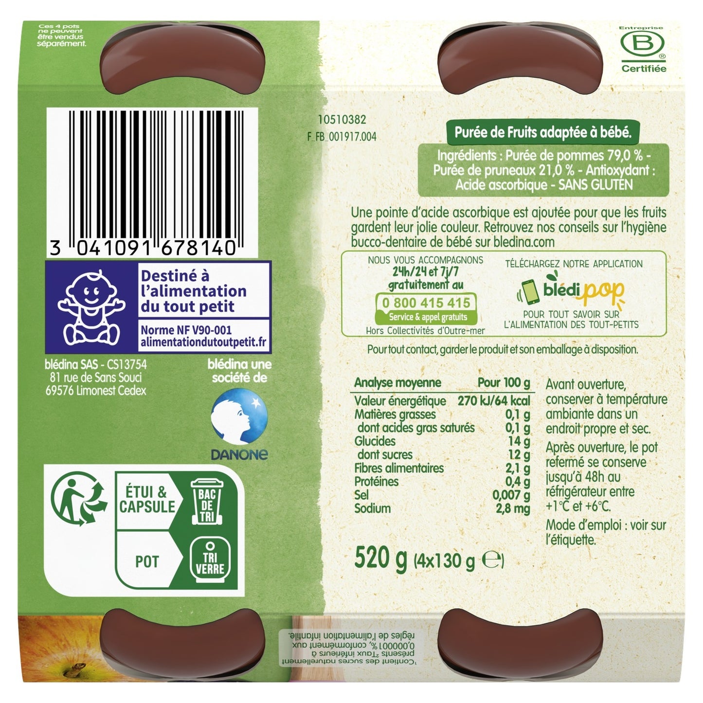 Compote Bébé Dès 4-6 Mois Pommes Pruneaux BLEDINA