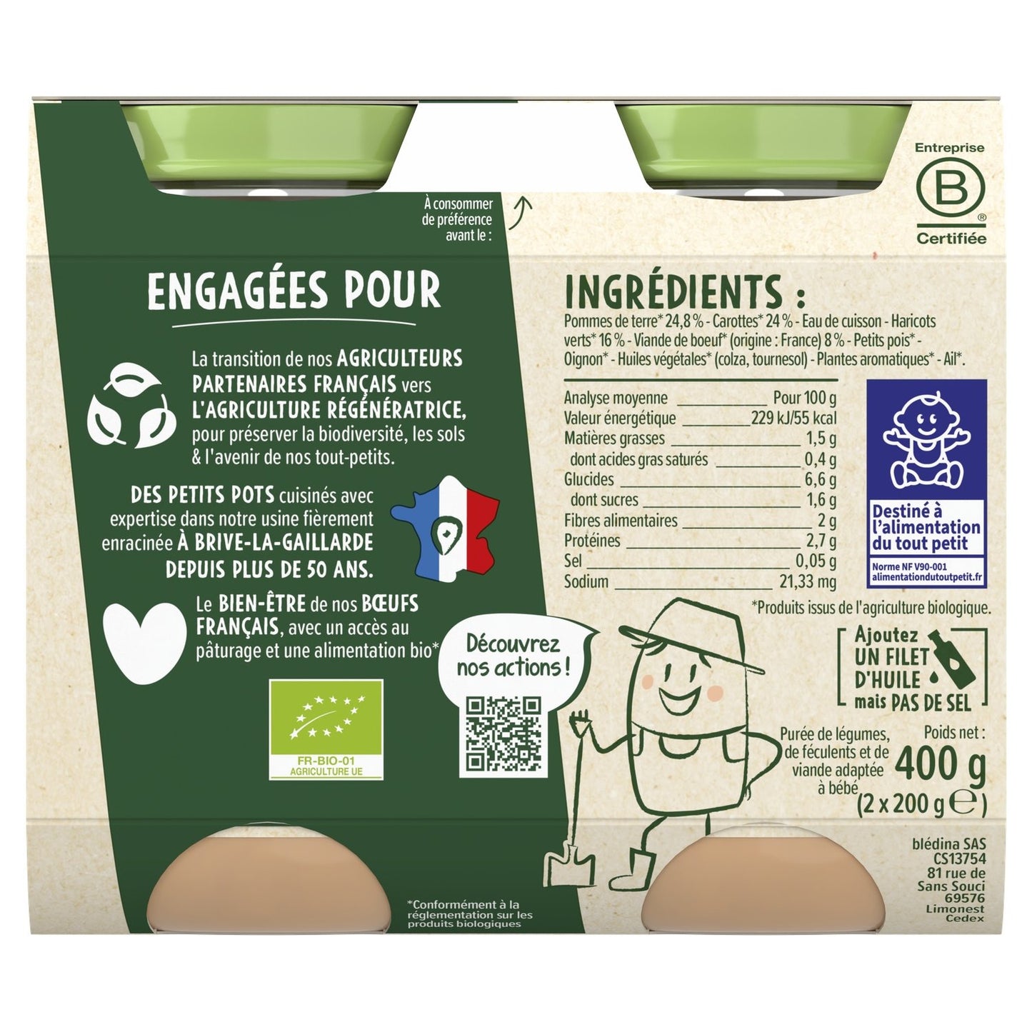 Baby Food Jar From 8 Months Crushed Carrots Green Beans Beef Les Récoltes Bio BLEDINA