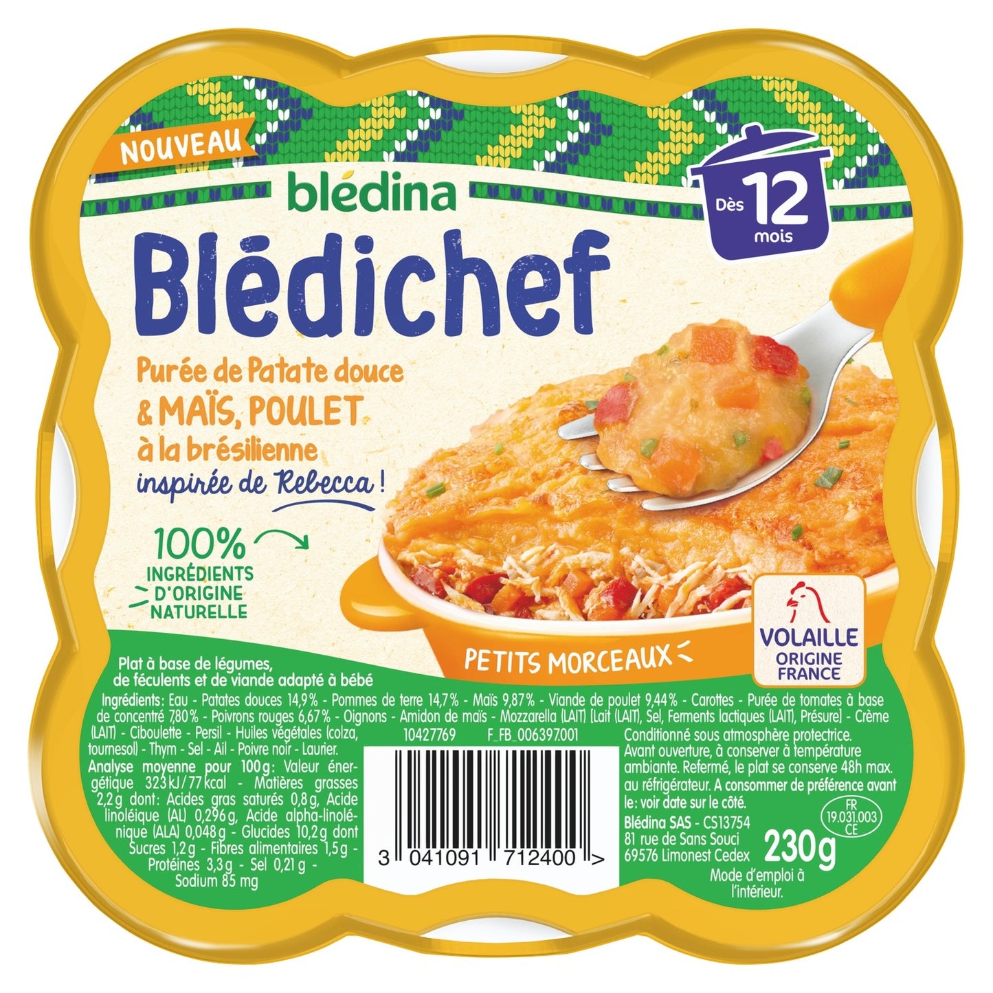 Baby Meal From 12 Months Sweet Potato, Corn and Chicken Purée Blédichef BLEDINA