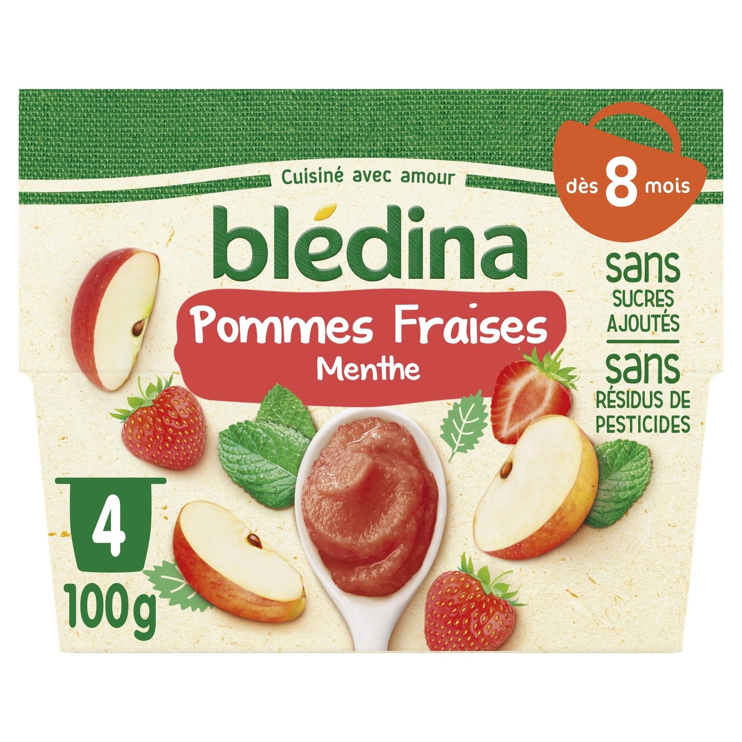 Compotes Bébé Dès 8 Mois Pommes Fraises Menthe BLEDINA les 4 pots de 100g