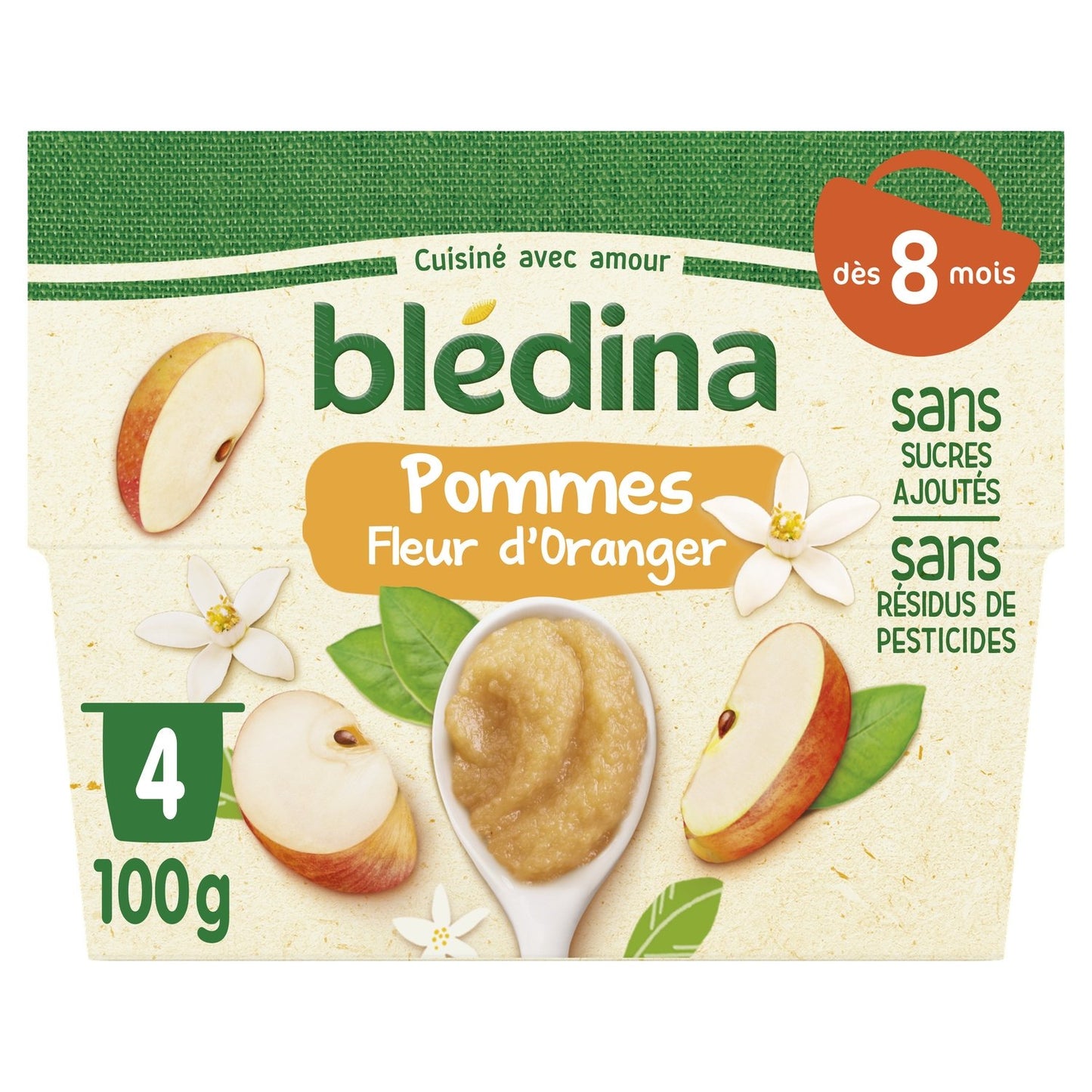 Compotes Bébé Dès 8 Mois Pomme Fleur d'Oranger BLEDINA les 4 pots de 100g