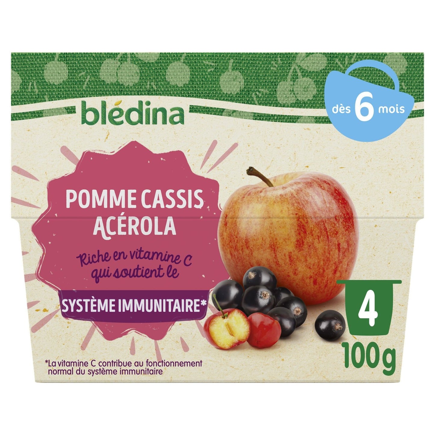Compotes Bébé Dès 6 Mois Pomme Cassis Acérola BLEDINA les 4 pots de 100g