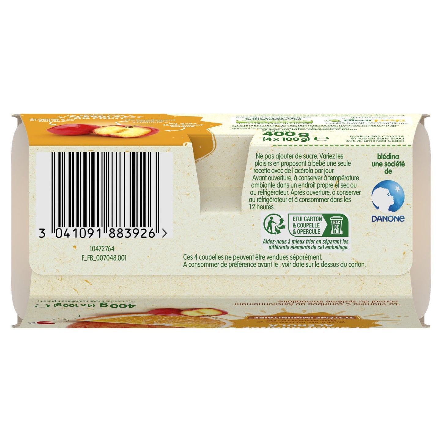 Baby Fruit Puree From 6 Months Apple Orange Acerola BLEDINA