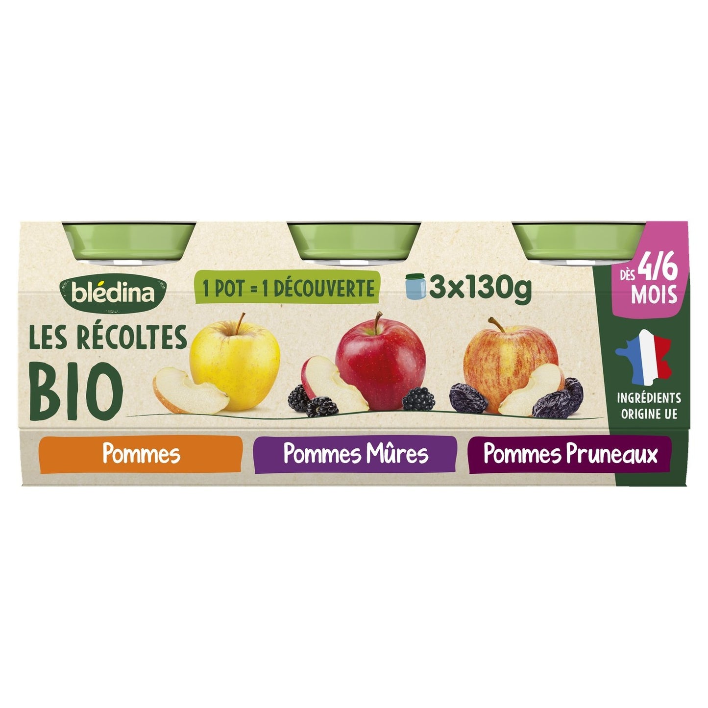 Compotes Petit Pot Bébé Dés 4-6 Mois Pommes Mûres Pruneaux les Récoltes Bio BLEDINA les 3 pots de 130g