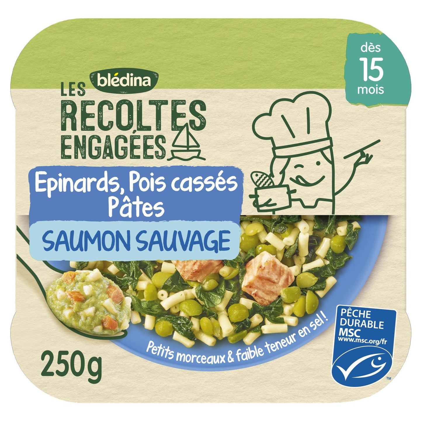 Babygericht ab 15 Monaten Spinat Erbsen Star Pasta Lachs BLEDINA Committed Harvests