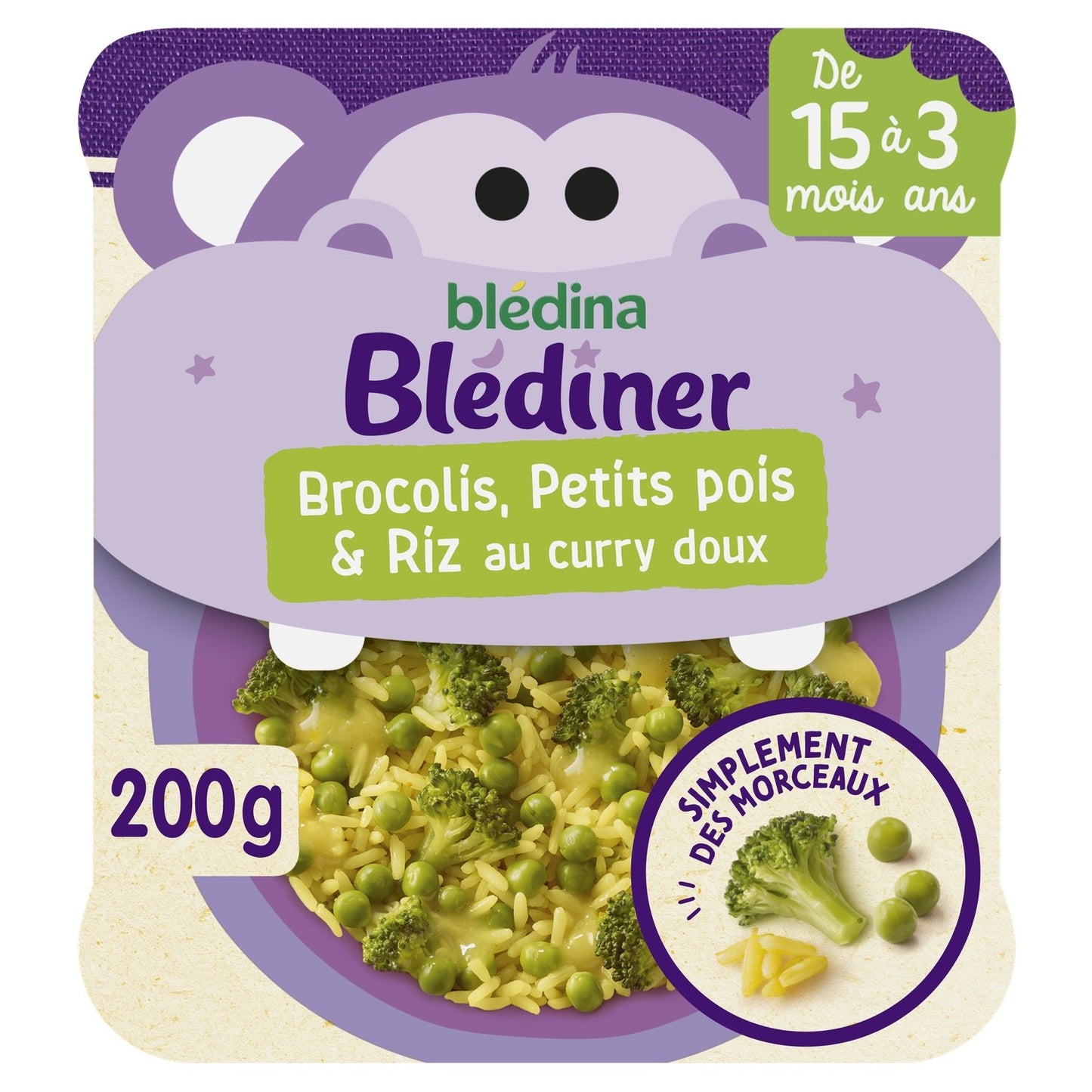 Plat Bébé du Soir Dès 15 Mois Brocolis Petits Pois et Riz au Curry Doux Morceaux à Dévorer BLEDINA le pot de 200g