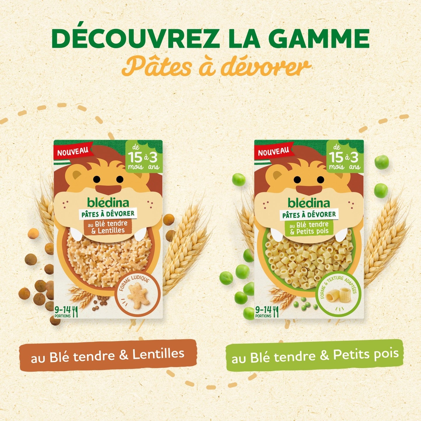 Pâtes à dévorer de 15 mois à 3 ans Blé Tendre Petits Pois BLEDINA